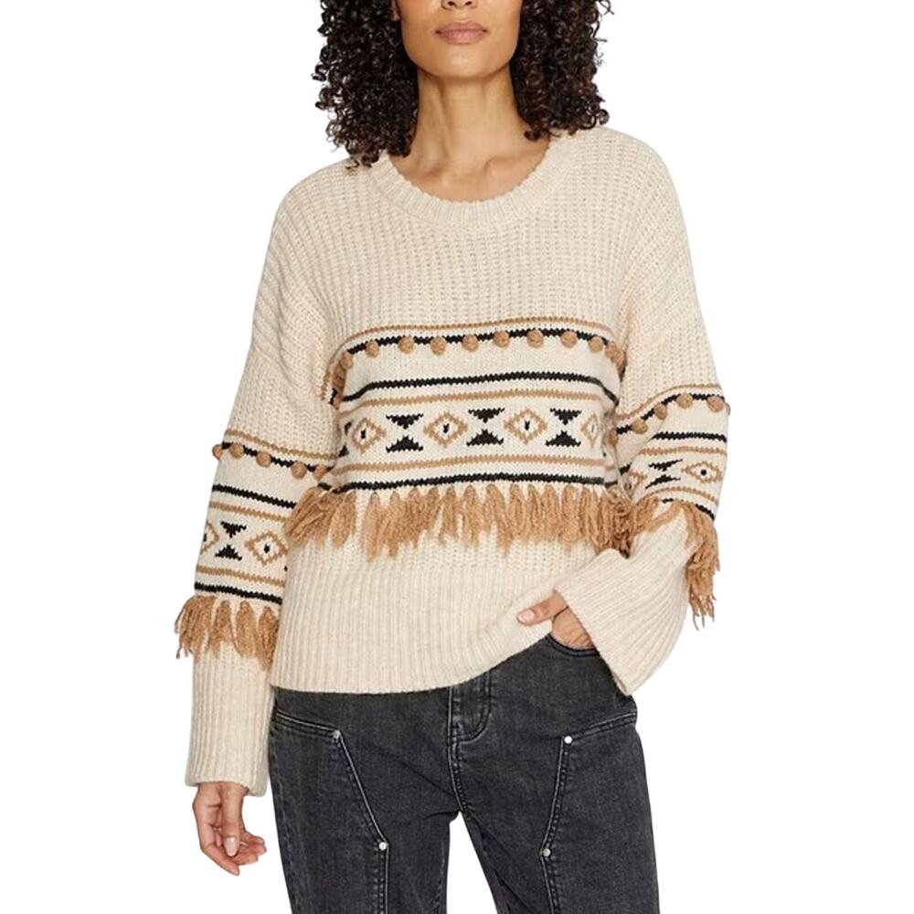 Driftwood Geometric 3D Tassel Pom-Pom Knit Crew Neck Pullover Western Sweater L
